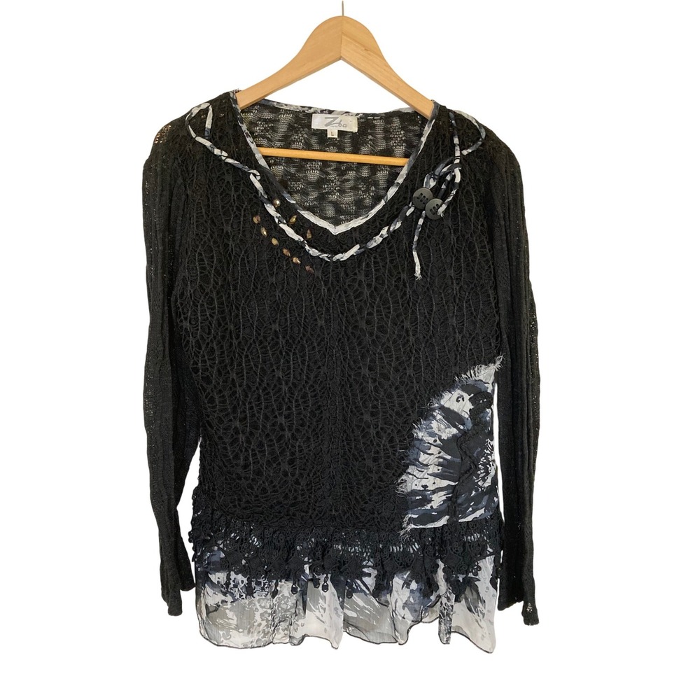 Zba Black Crochet Knit Mixed Media Layered Top Gray Abstract Print Size L